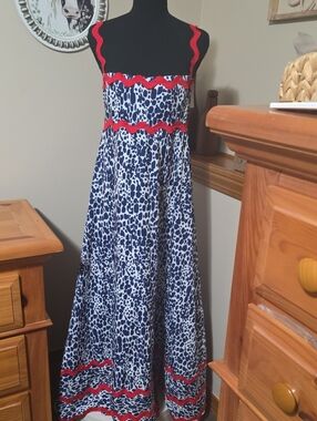 Navy & White Animal Print Maxi Dress with Red Trim